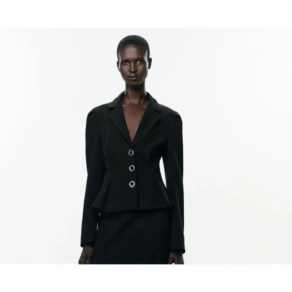 Zara Womens Blazer Size S Black Puff Sleeve Peplum Flared Hem 8948/584 NWOT